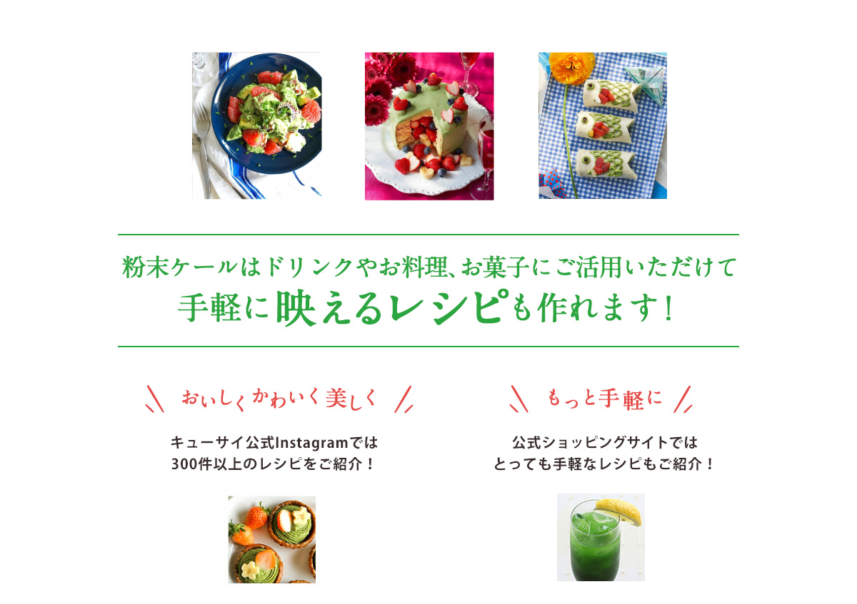 粉末ケールはドリンクやお料理、お菓子にご活用いただけて手軽に映えるレシピも作れます！