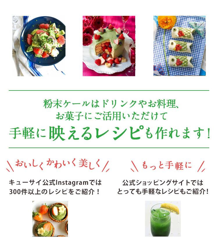 粉末ケールはドリンクやお料理、お菓子にご活用いただけて手軽に映えるレシピも作れます！