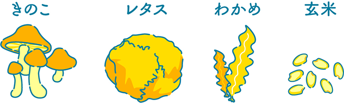 きのこ、レタス、わかめ、玄米のイラスト