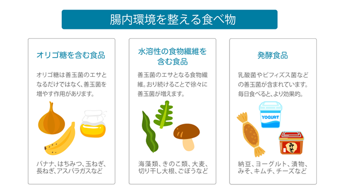 腸内環境と整える食べ物のイラスト。オリゴ糖を含む食品。水溶性の食物繊維を含む食品。発酵食品。