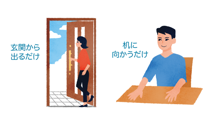 「玄関から出るだけ」「机に向かうだけ」のイラスト