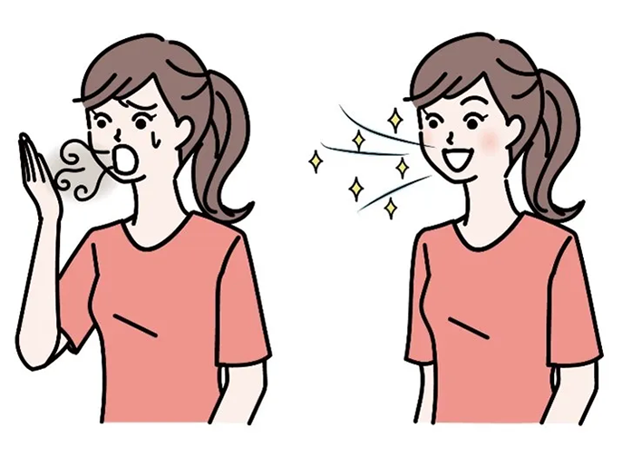 口臭に悩む女性と、口臭が改善されて喜んでいる女性の対比を描いたイラスト