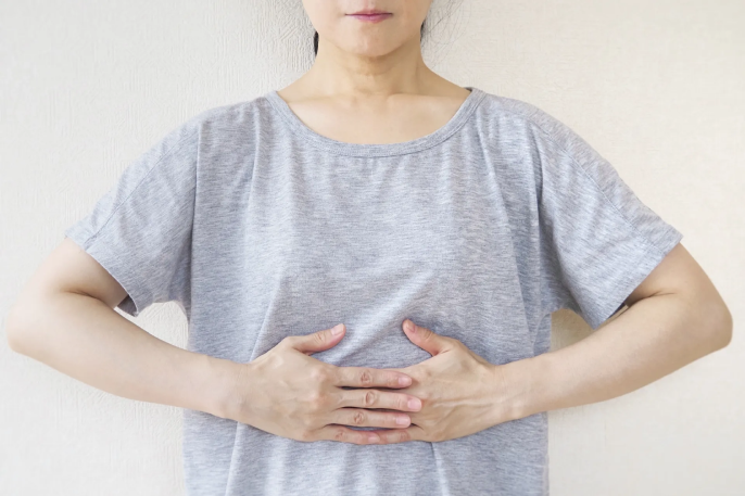 両手を下腹部に当てて立っている上半身の画像
