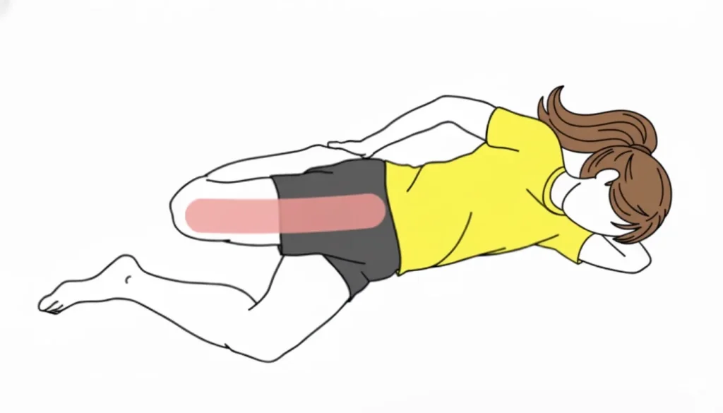 横向きの四頭筋のストレッチを行う女性のイラスト